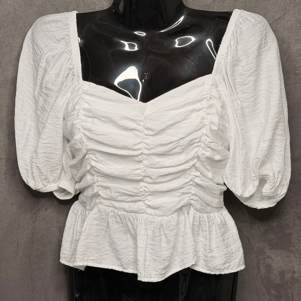 Express Blouse Womens S White Ruched Smocked Peplum Puff Sleeve Crop Milkmaid
